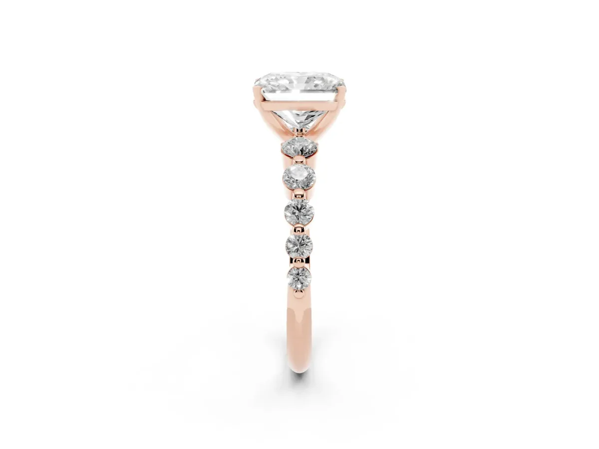 Radiant Cut Solitaire Diamond Ring with Pave Band and Four-Prong Setting Rose gold