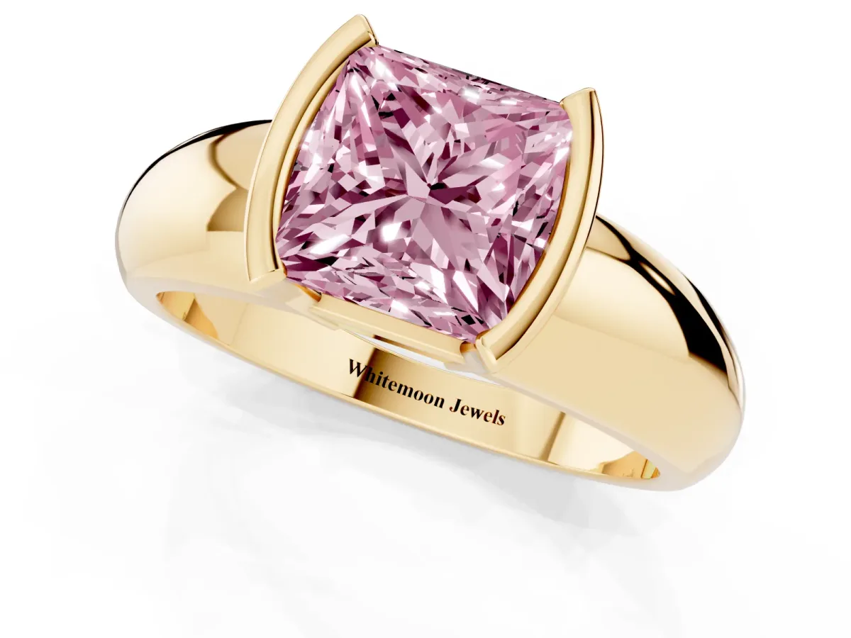 Fancy Pink Princess Cut Solitaire Tension Set Diamond Ring with Wide Band Yellow gold