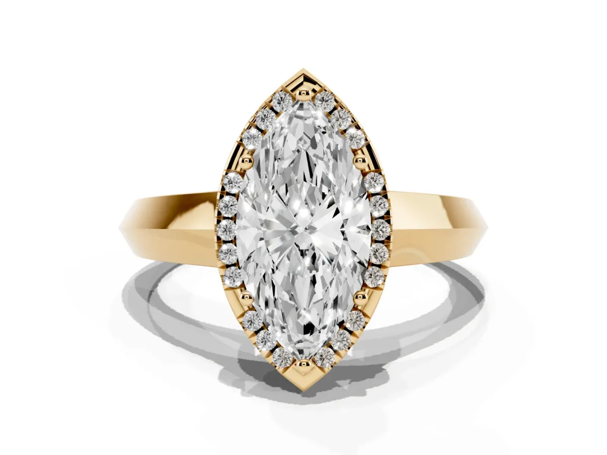 Marquise Cut Halo Diamond Ring with Cathedral Band and Four-Prong Setting Yellow gold