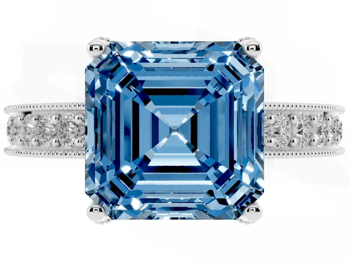 Fancy Blue Asscher Cut Cut Diamond Solitaire Ring with Milgrain Pave Band and Four Prong Setting Silver