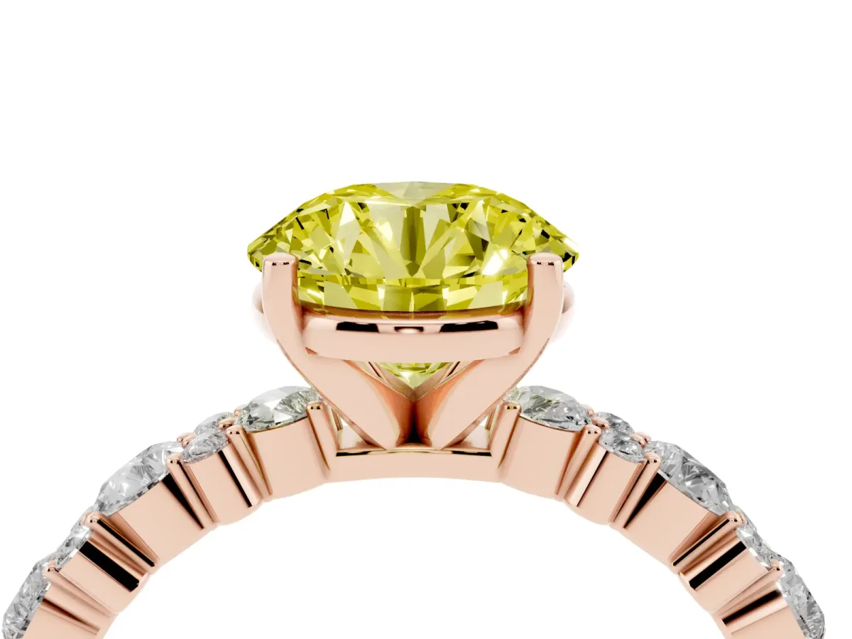 Fancy Yellow Round Cut Diamond Side Stone Solitaire Ring with Round and Four-Prong Setting Rose gold