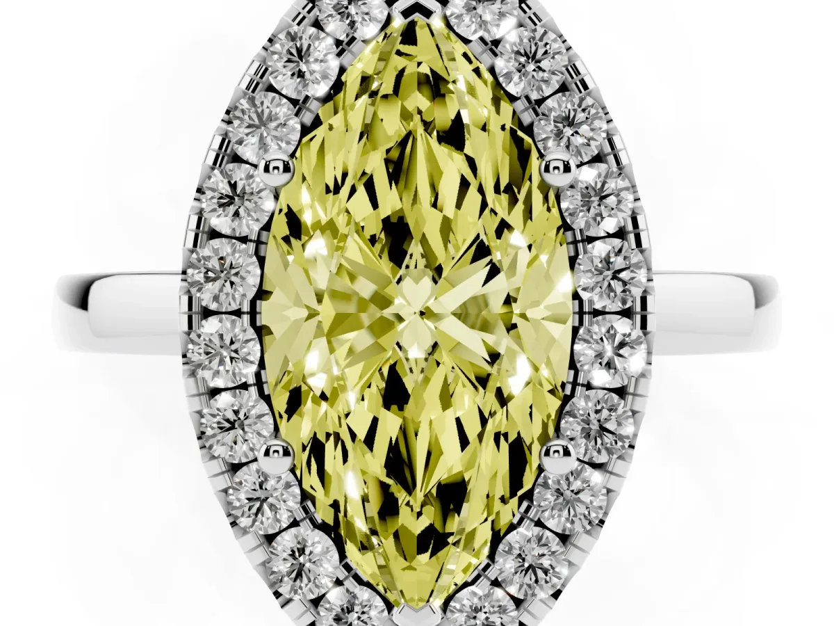 Fancy Yellow Marquise Cut Halo Diamond Solitaire with Pavé Band and Four-Prong Setting White gold