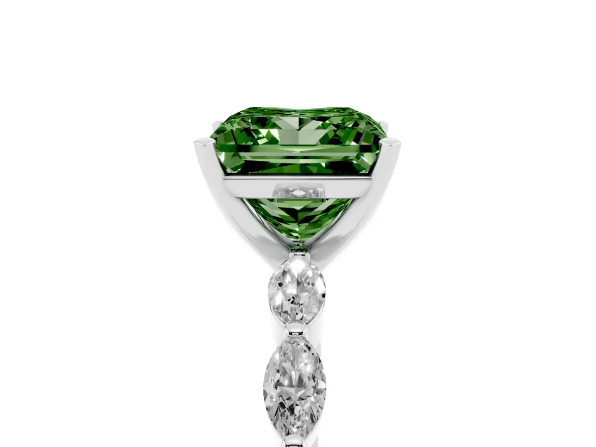 Fancy Green Princess Cut Diamond Ring with Marquise Side Stones and Prong Setting Platinum