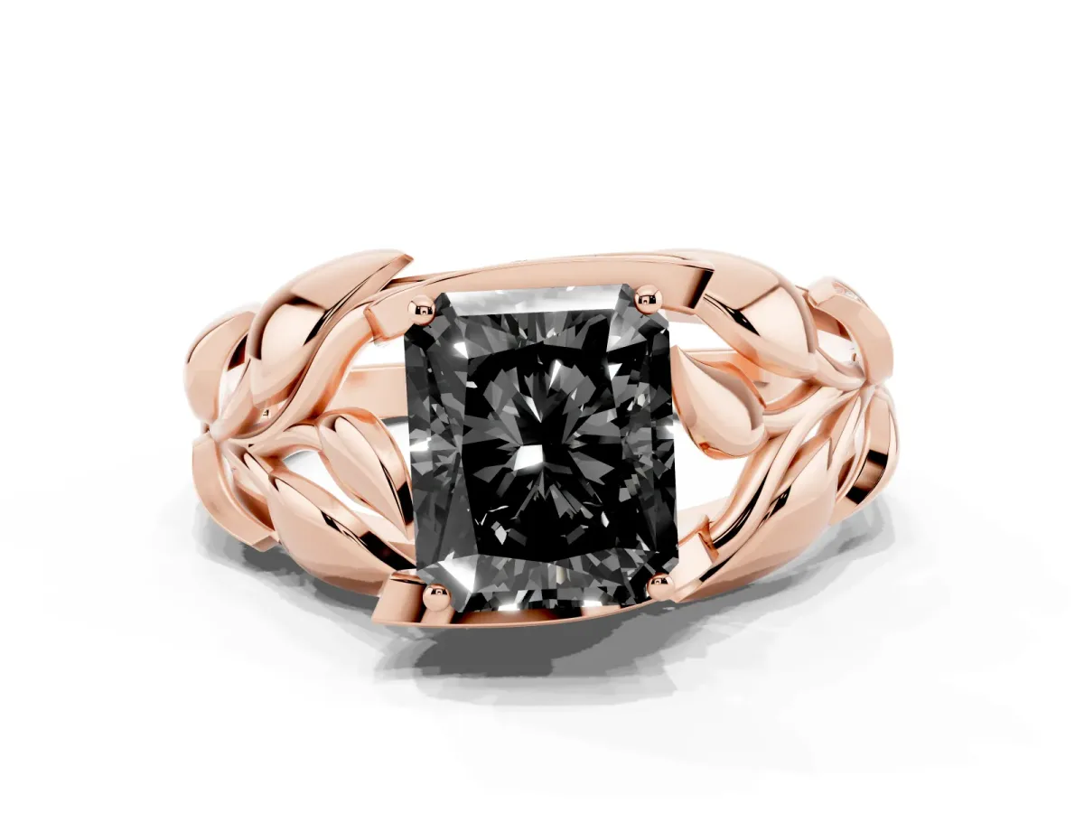 Fancy Black Radiant Cut Diamond Leaf-Inspired Engagement Ring with Round Accents and Prong Setting Rose gold
