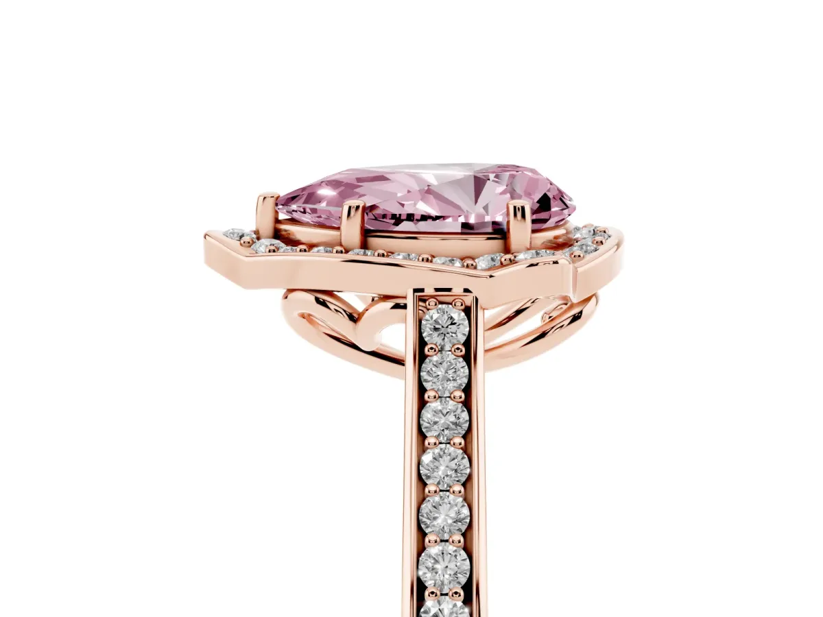 Fancy Pink Pear Cut Halo Round Diamond Pave Band with Four-Prong Setting Rose gold