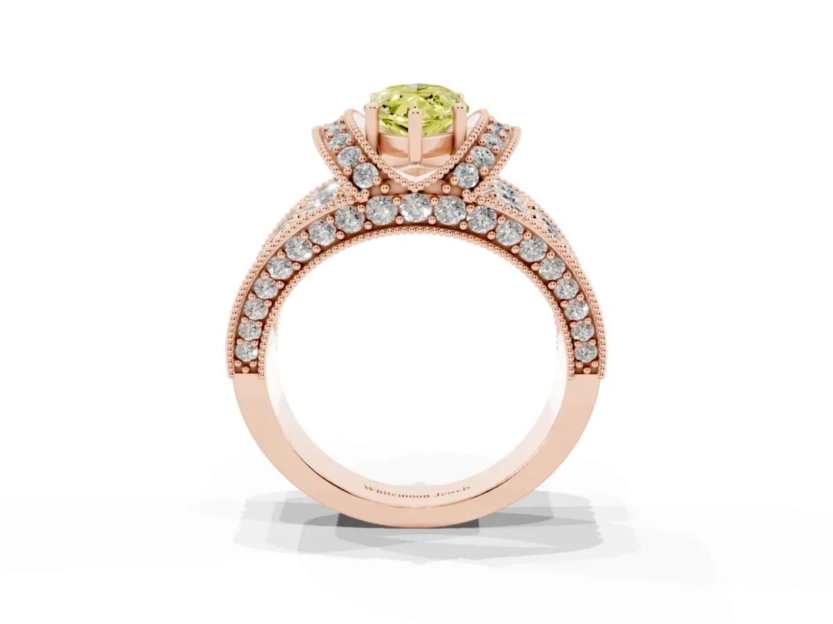 Fancy Yellow Marquise Cut Halo Pave Diamond Engagement Ring with Milgrain Detailing Rose gold