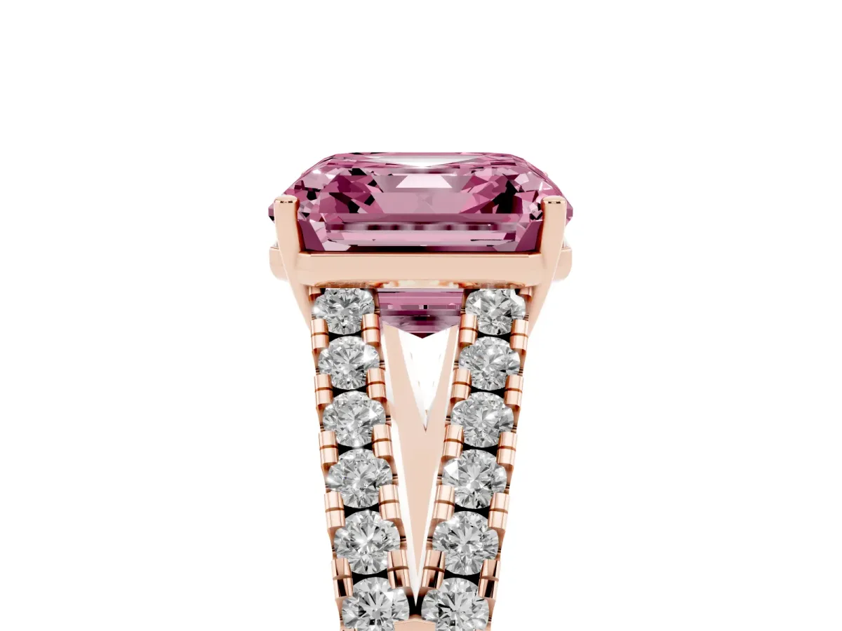 Fancy Pink Asscher Cut Diamond Split Shank Pavé Engagement Ring with Four-Prong Setting Rose gold