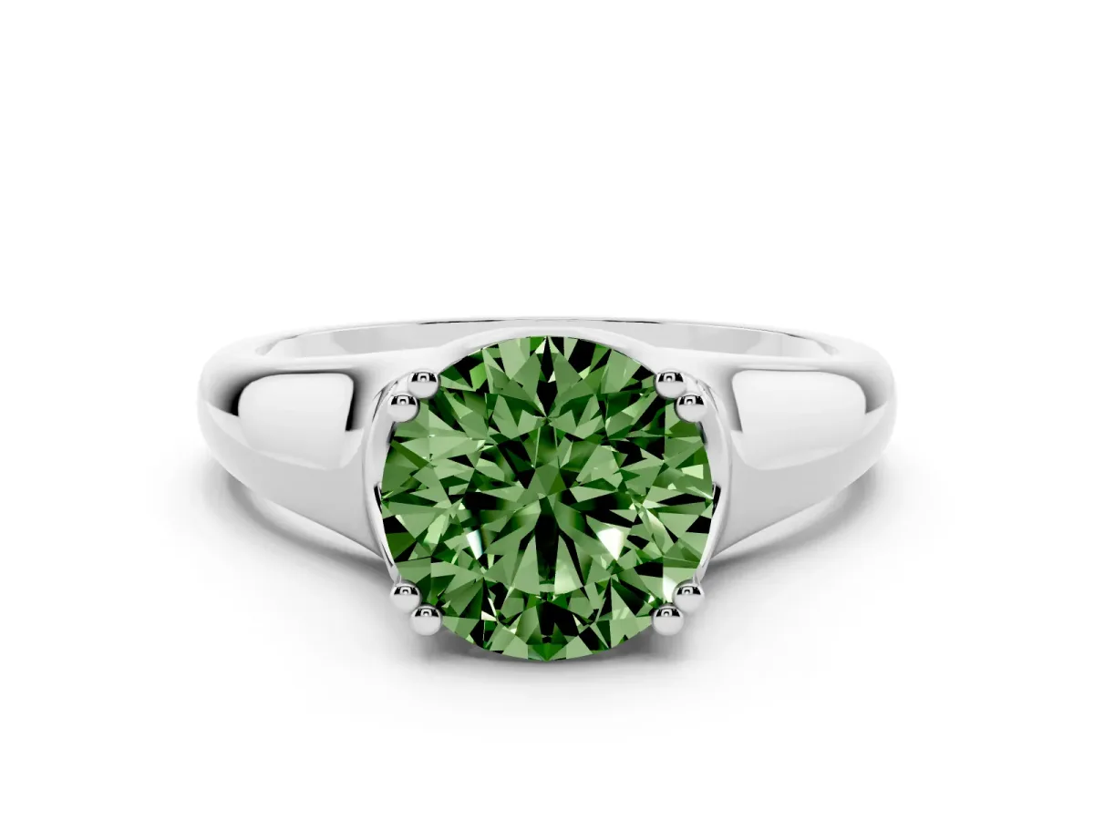 Fancy Green Round Cut Diamond Solitaire Ring with Wide Band and Prong Setting Silver