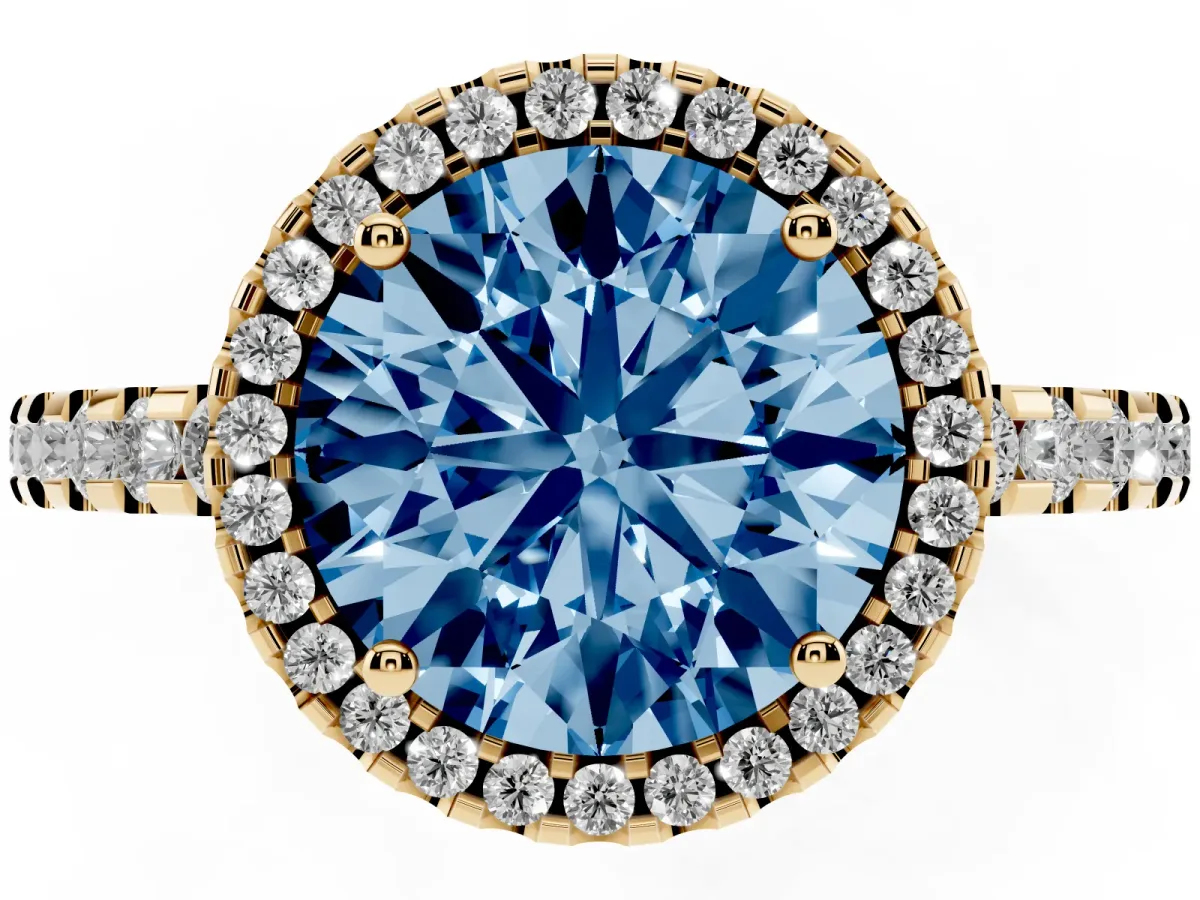 Fancy Blue Round Cut Diamond Halo Engagement Ring with Pavé Band and Prong Setting Yellow gold