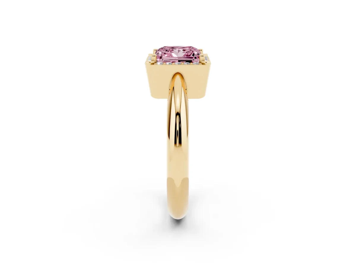Fancy Pink Princess Cut Cut Diamond Halo Engagement Ring with Split Shank and Four-Prong Setting Yellow gold