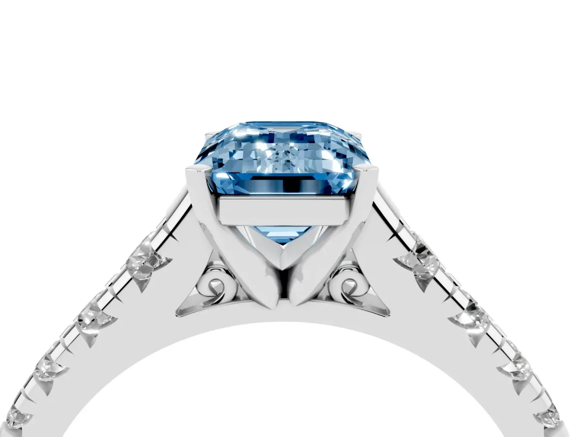 Fancy Blue Emerald Cut Diamond Cathedral Solitaire Ring with Round Pavé Band Silver