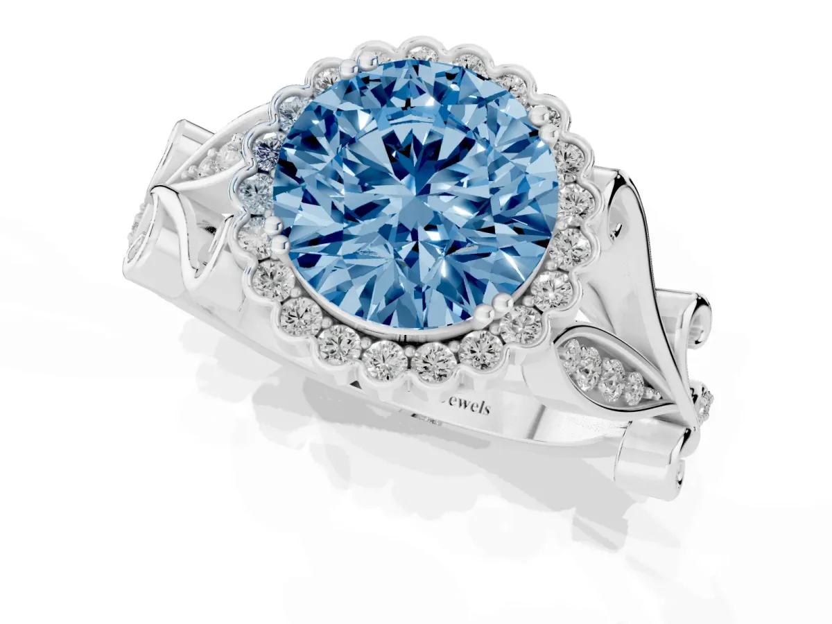 Fancy Blue Round Cut Diamond Halo Ring with Vintage Split Shank and Four-Prong Setting Silver