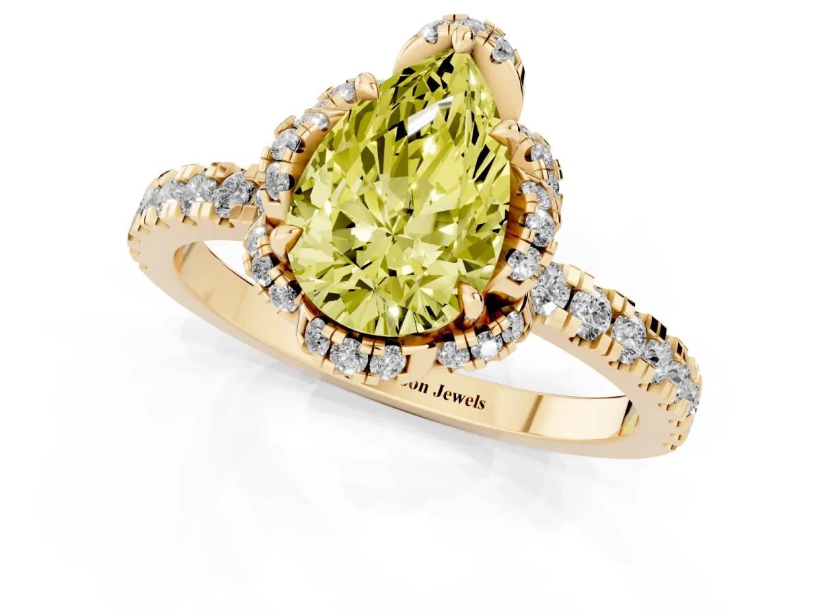 Fancy Yellow Pear Cut Diamond Halo Pave Band with Four-Prong Setting Yellow gold