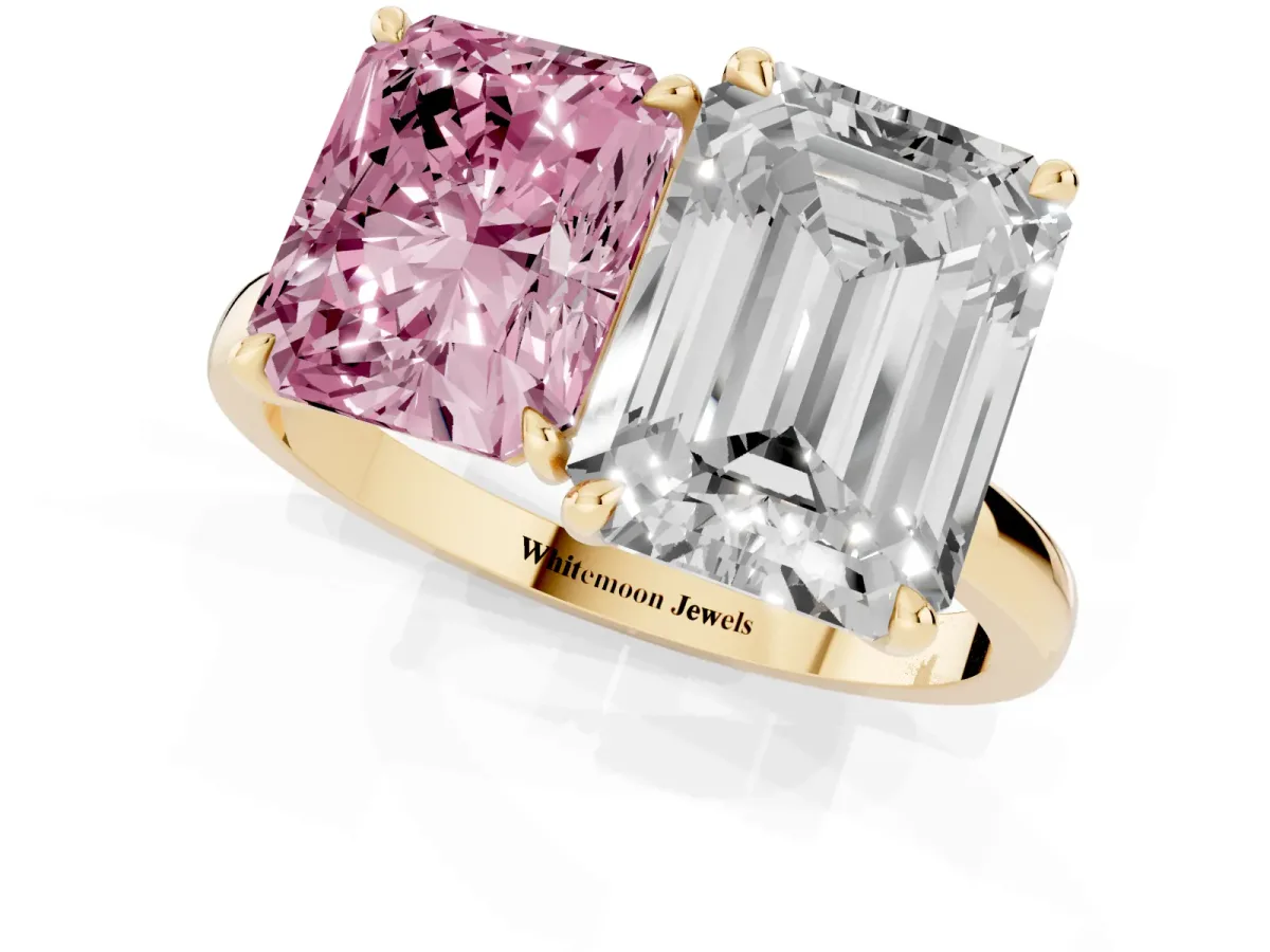 Fancy Pink Radiant Cut and Emerald Cut Toi Moi Ring with Prong Setting Yellow gold