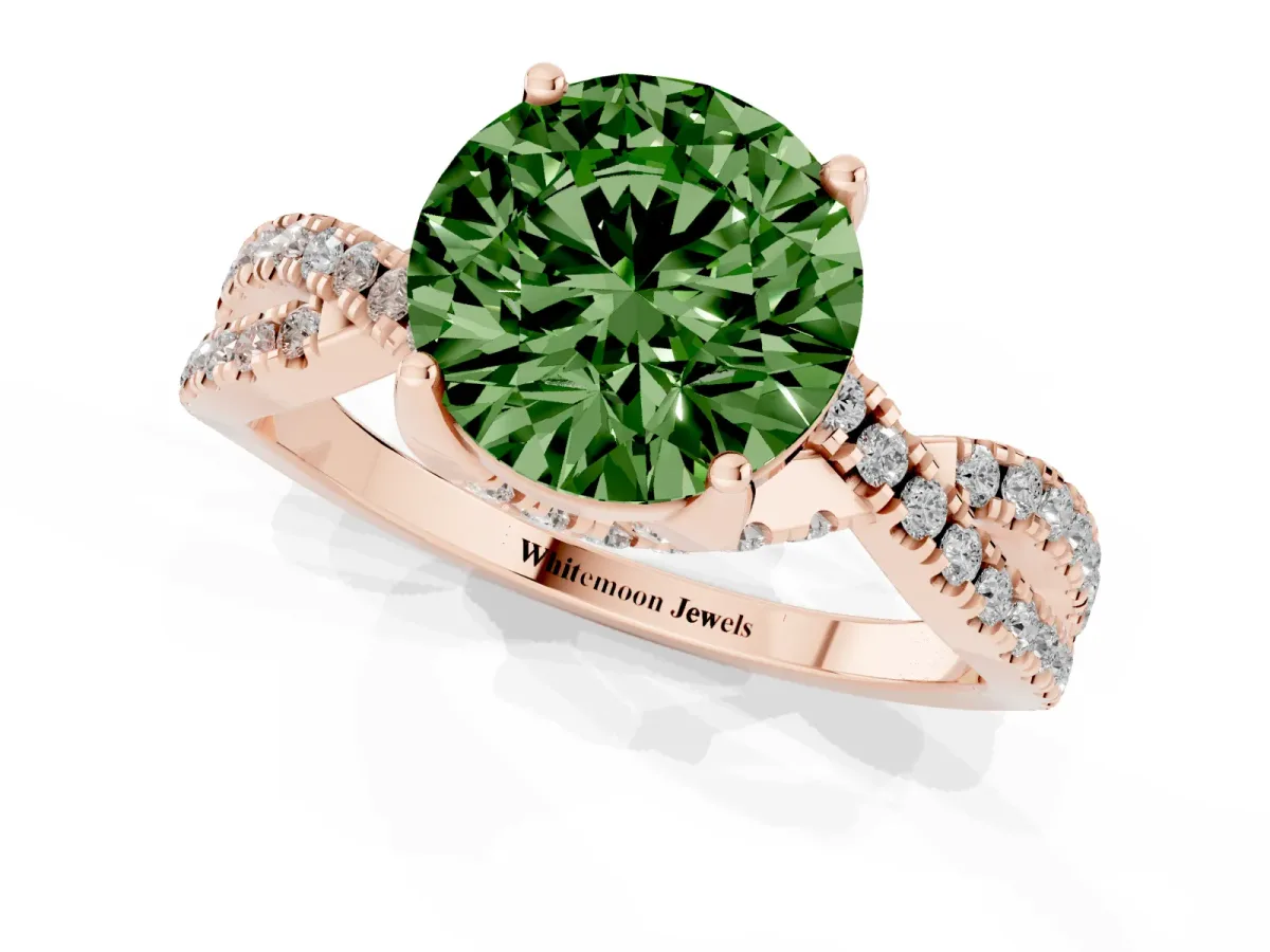 Fancy Green Round Cut Solitaire Twist Pave Diamond Engagement Ring with Prong Setting Rose gold