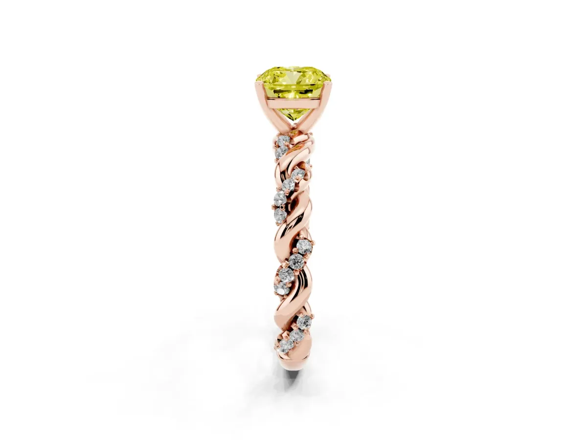 Fancy Yellow Cushion Cut Diamond Solitaire Ring with Twisted Band and Pavé Accents Rose gold