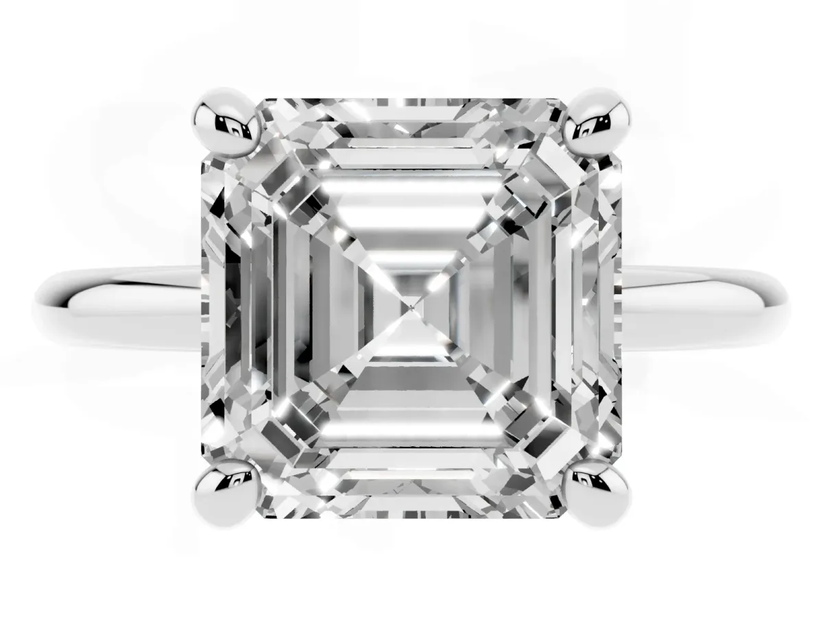 Asscher Cut Solitaire Diamond Ring with Four-Prong Setting on a Plain Band Platinum