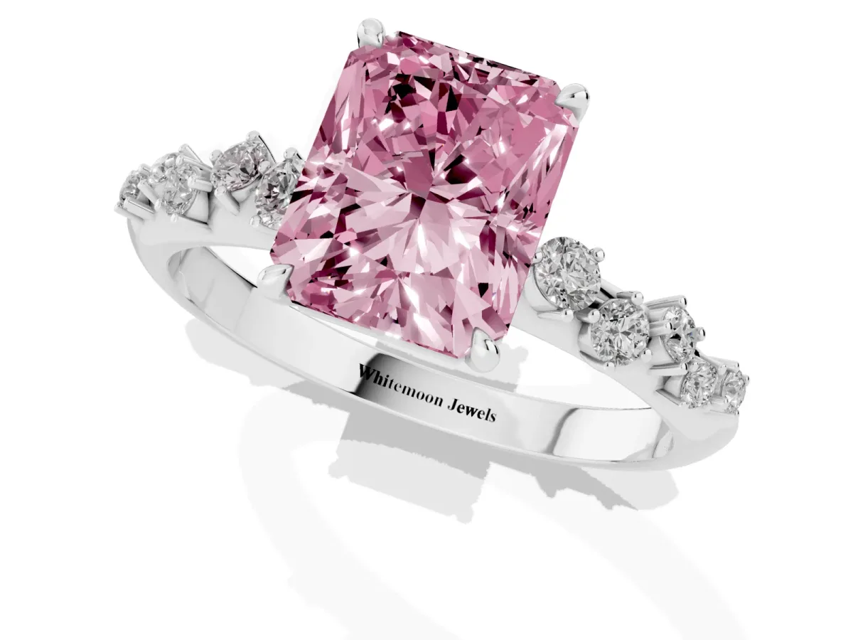 Fancy Pink Radiant Cut Diamond Cluster Side Stone Solitaire Ring with Prong Setting Platinum