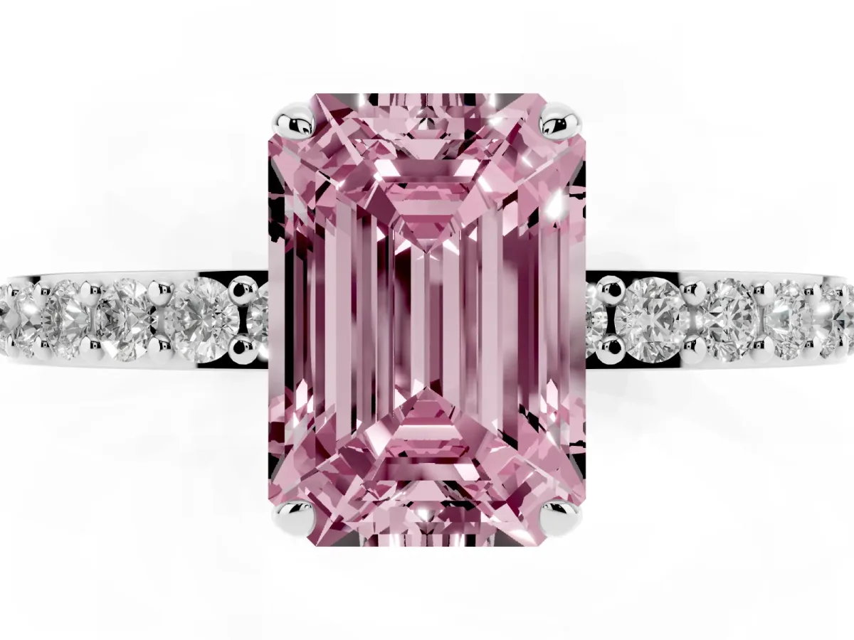 Fancy Pink Emerald Cut Diamond Solitaire Engagement Ring with Pavé Band and Four-Prong Setting Silver
