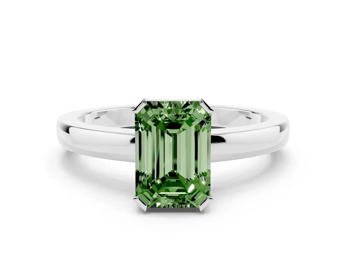 Fancy Green Emerald Cut Cut Solitaire Ring with Four-Prong Setting and Classic Band Platinum