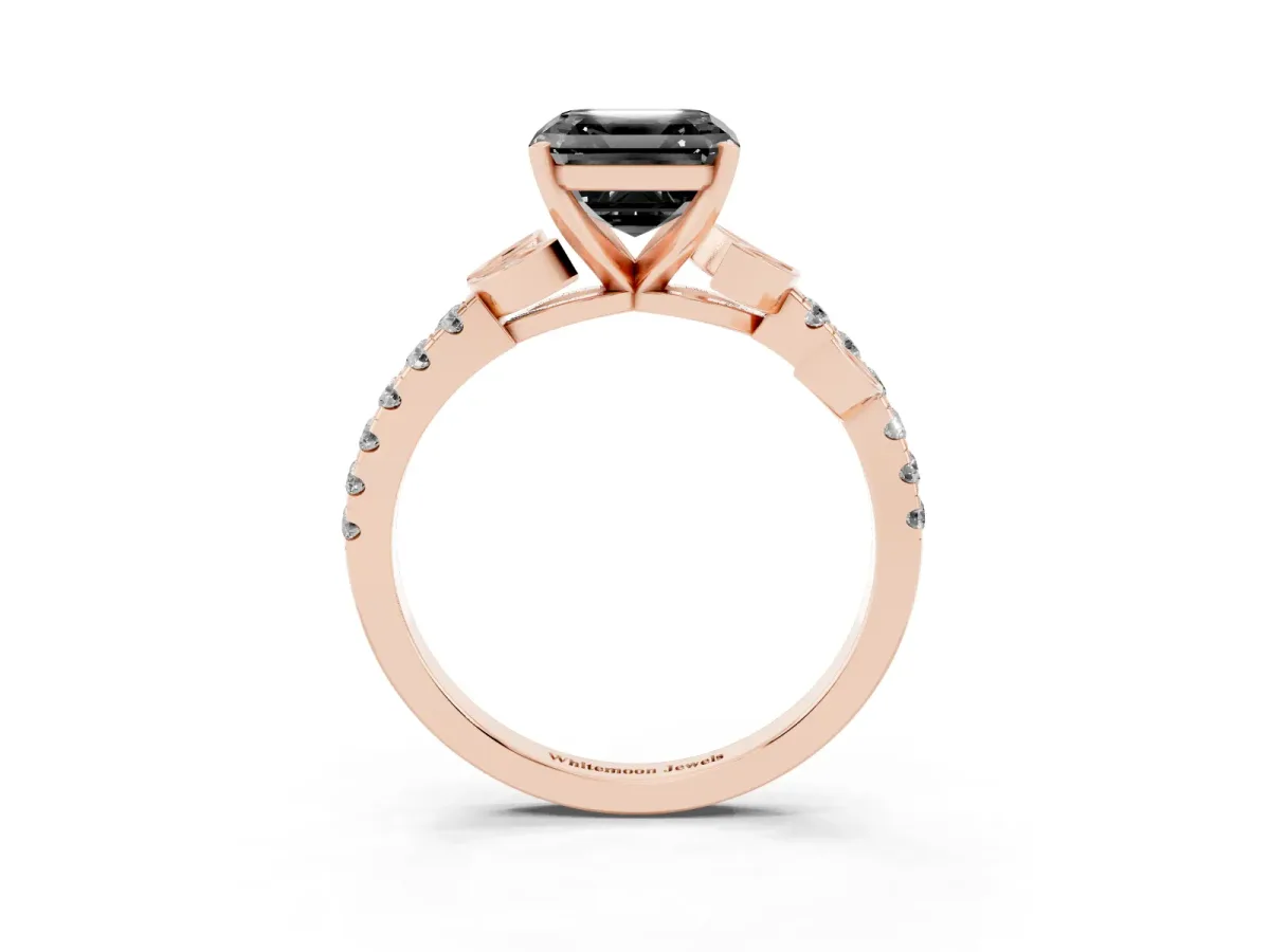 Fancy Black Asscher Cut Solitaire Leaf-Inspired Diamond Ring with Pavé Band and Four-Prong Setting Rose gold