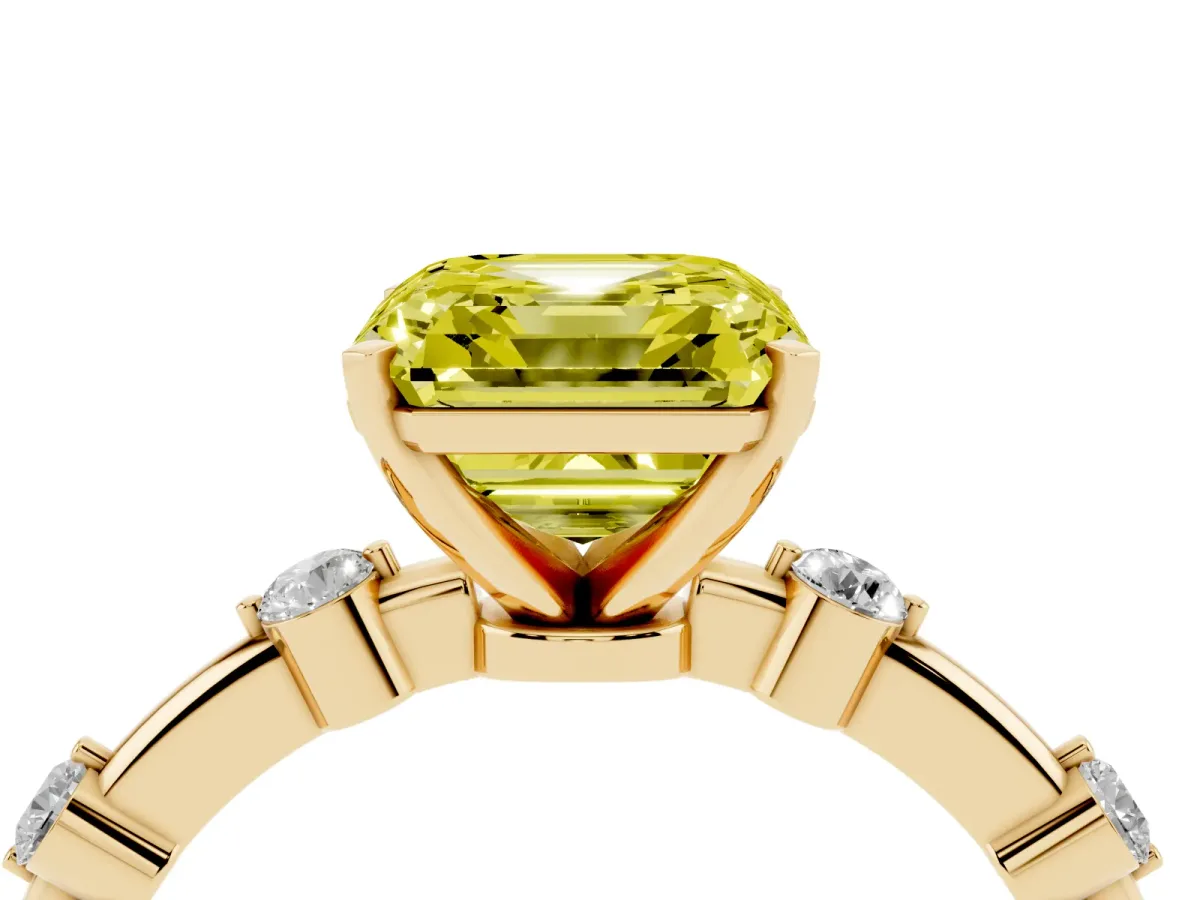 Fancy Yellow Asscher Cut Solitaire Diamond Ring with Bezel Set Side Stones and Prong Setting Yellow gold