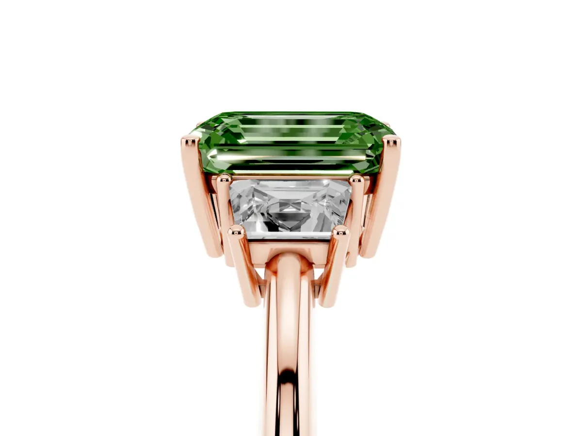Fancy Green Emerald Cut Diamond Three-Stone Ring with Trapezoid Side Stones and Prong Setting Rose gold