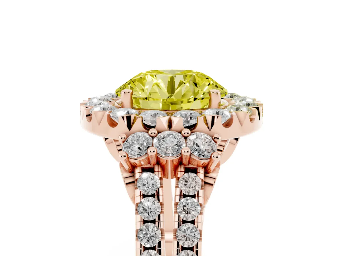 Fancy Yellow Round Cut Cut Double Halo Diamond Engagement Ring with Pave Band and Four-Prong Setting Rose gold