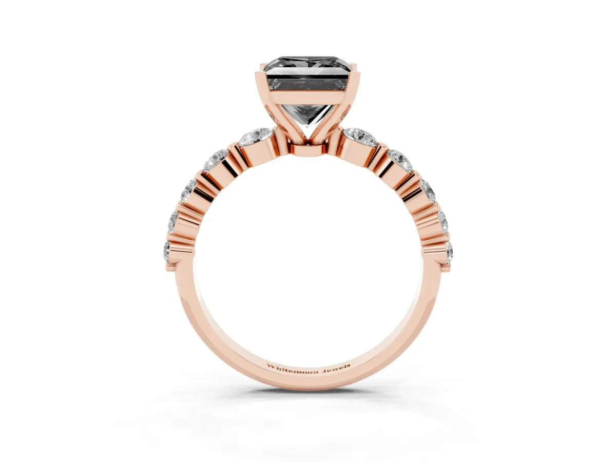Fancy Black Princess Cut Solitaire Diamond Ring with Pave Band and Four-Prong Setting Rose gold