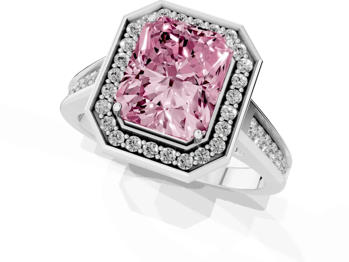 Fancy Pink Emerald Cut Halo Solitaire Diamond Ring with Pave Band and Bezel Setting Silver
