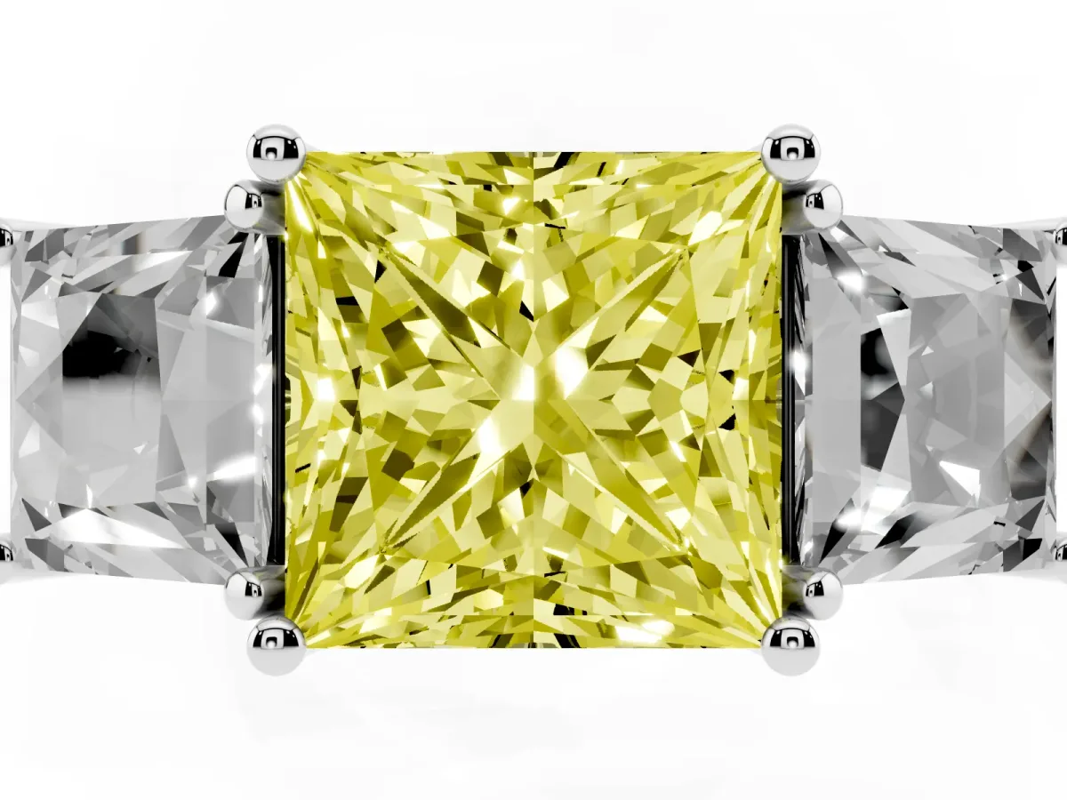 Fancy Yellow Three-Stone Princess Cut Diamond Pavé Band with Prong Setting Silver