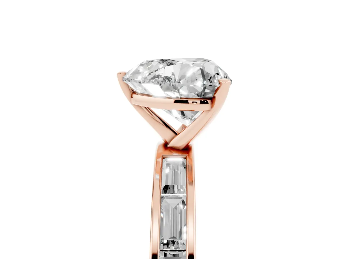 Heart Cut Solitaire Diamond Ring with Channel-Set Baguette Band and Four-Prong Setting Rose gold