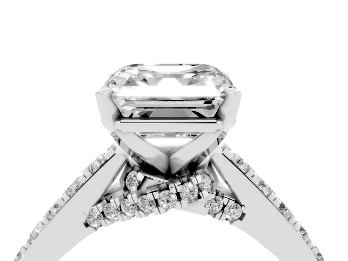Asscher Cut Diamond Solitaire Ring with Crossover Gallery and Round Pavé Band White gold