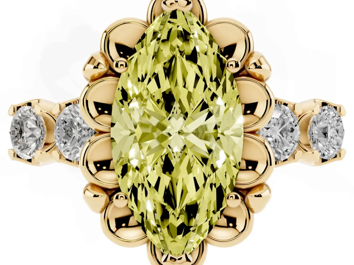 Fancy Yellow Marquise Cut Cut Diamond Floral Halo Engagement Ring with Shared Prong Setting Yellow gold