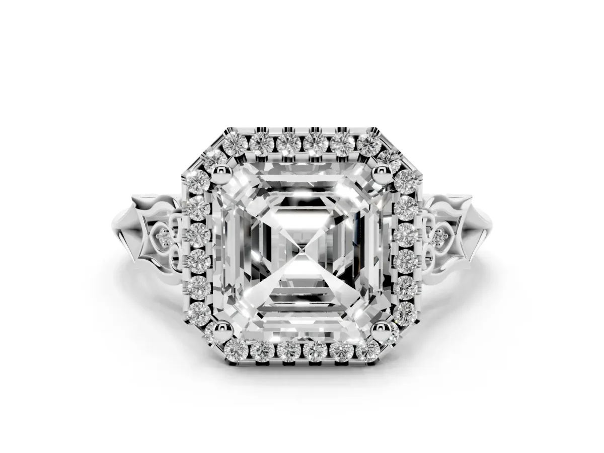 Asscher Cut Halo Diamond Engagement Ring with Filigree Band and Four-Prong Setting Platinum