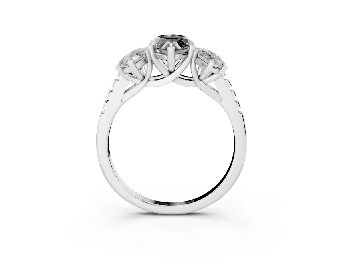 Fancy Black Three-Stone Marquise Cut Diamond Ring with Round Pavé Band and Prong Setting Silver