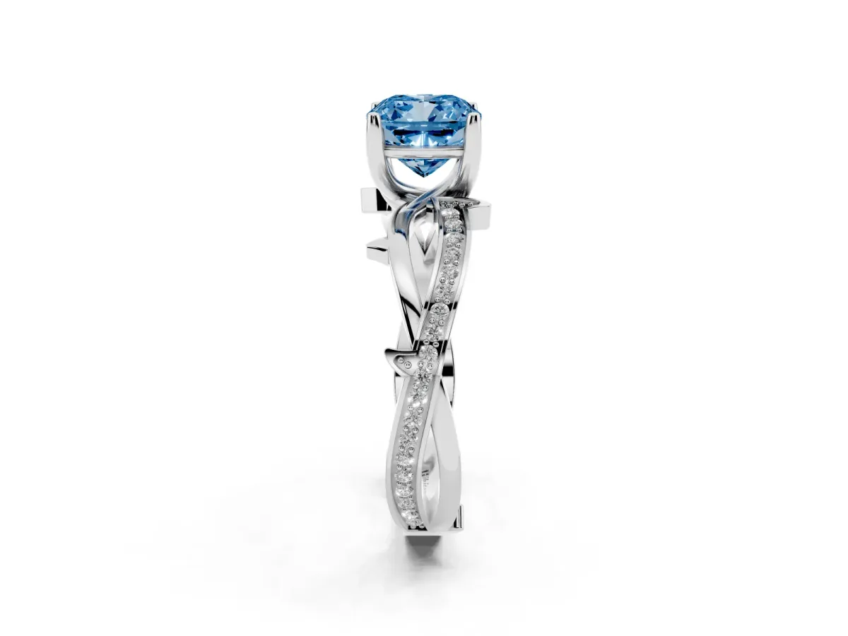 Fancy Blue Cushion Cut Solitaire Twist Band with Pavé Accents and Four-Prong Setting Silver