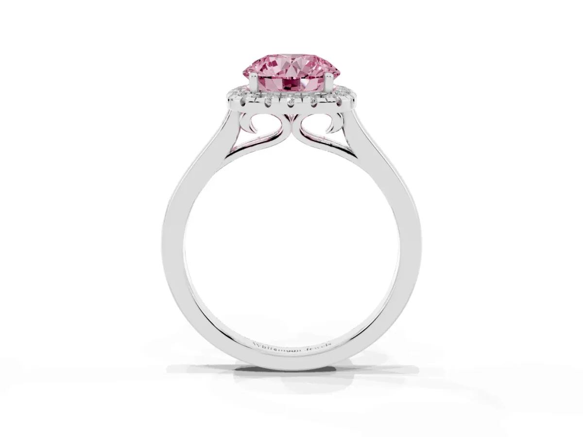 Fancy Pink Round Cut Halo Round Diamond Solitaire Ring with Pavé Band and Four-Prong Setting Silver