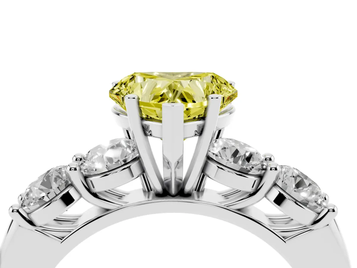 Fancy Yellow Heart Cut Cut Five-Stone Prong Set Diamond Ring with Classic Band Silver