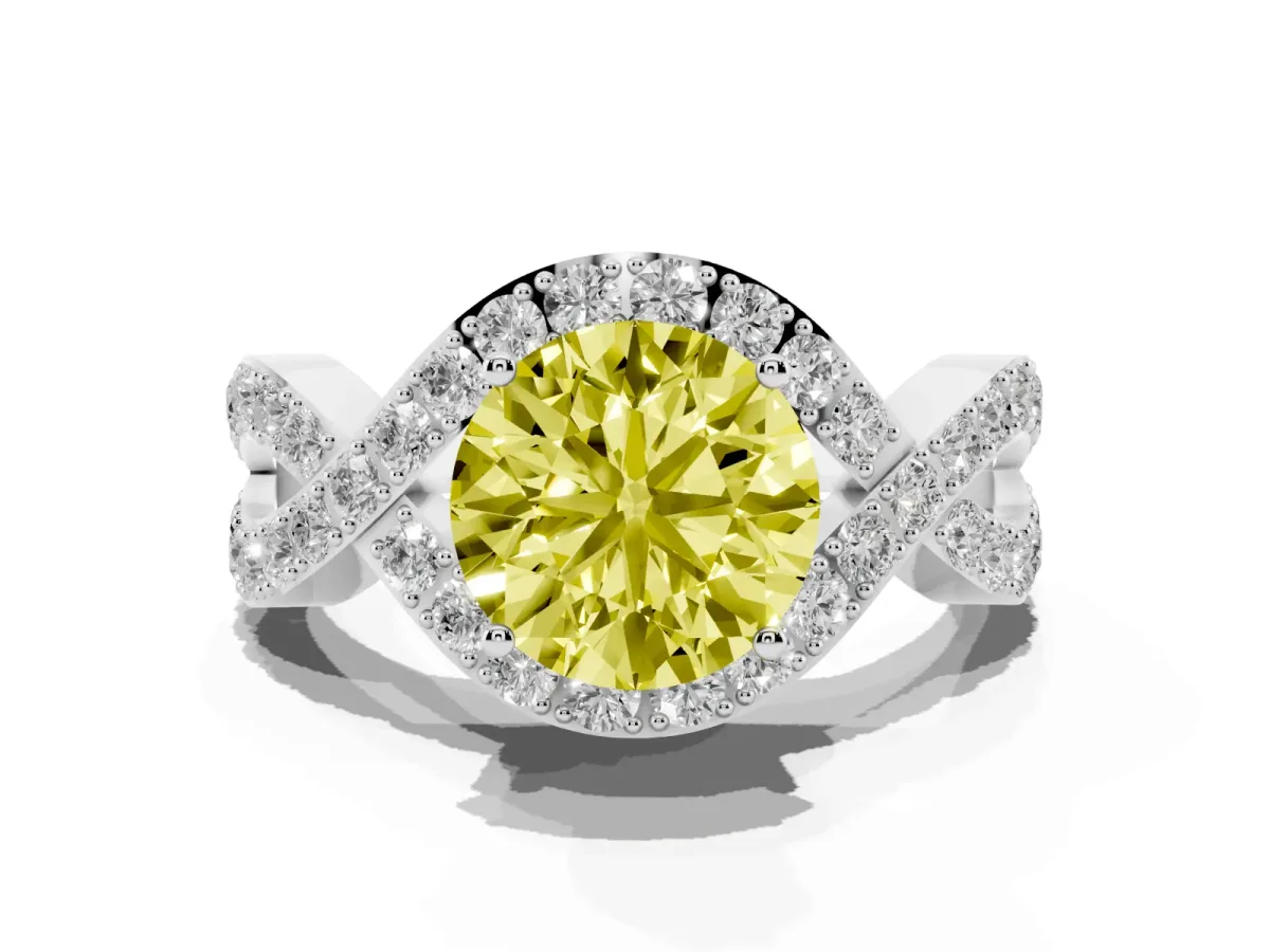 Fancy Yellow Round Cut Solitaire Twist Band Pavé Diamond Engagement Ring Silver
