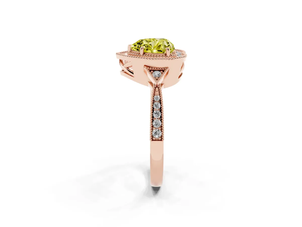 Fancy Yellow Heart Cut Halo Round Diamond Milgrain Pave Engagement Ring Rose gold