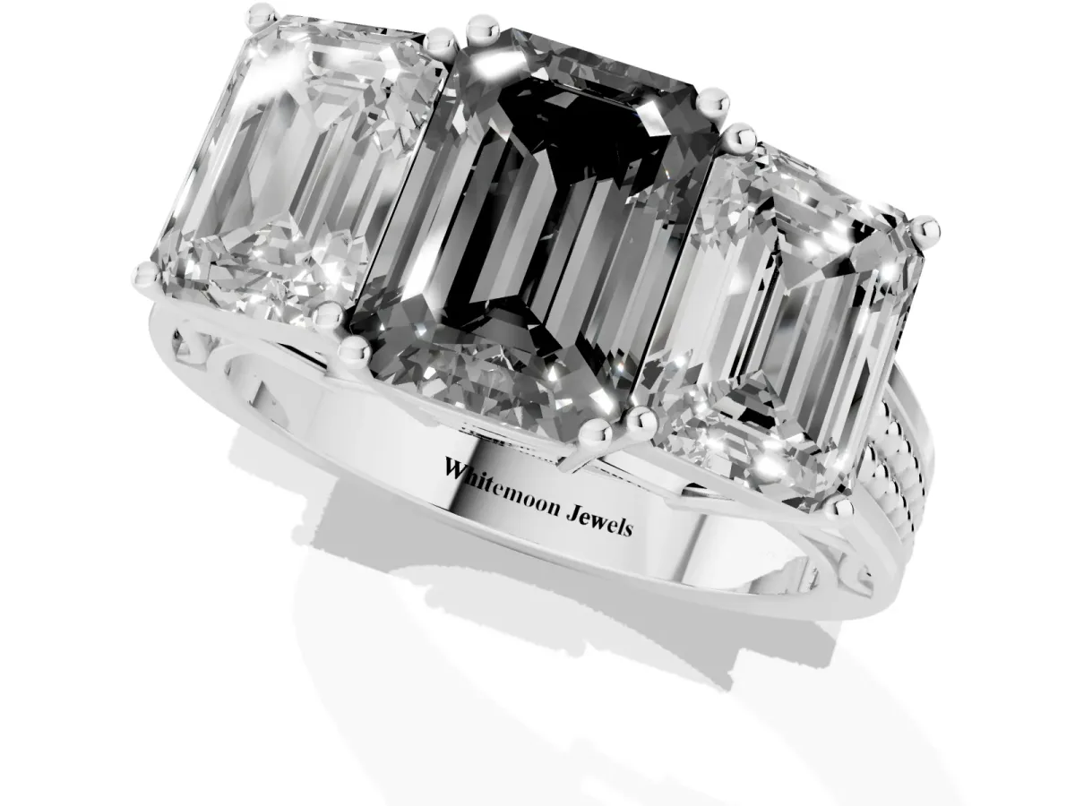 Fancy Black Emerald Cut Diamond Three-Stone Ring with Prong Setting and Textured Band Silver