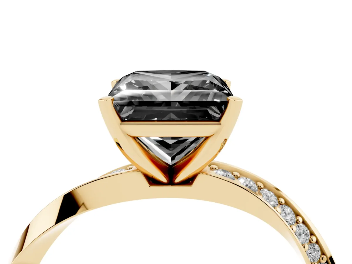 Fancy Black Princess Cut Diamond Engagement Ring with Side Stone Accents and Four-Prong Setting Yellow gold