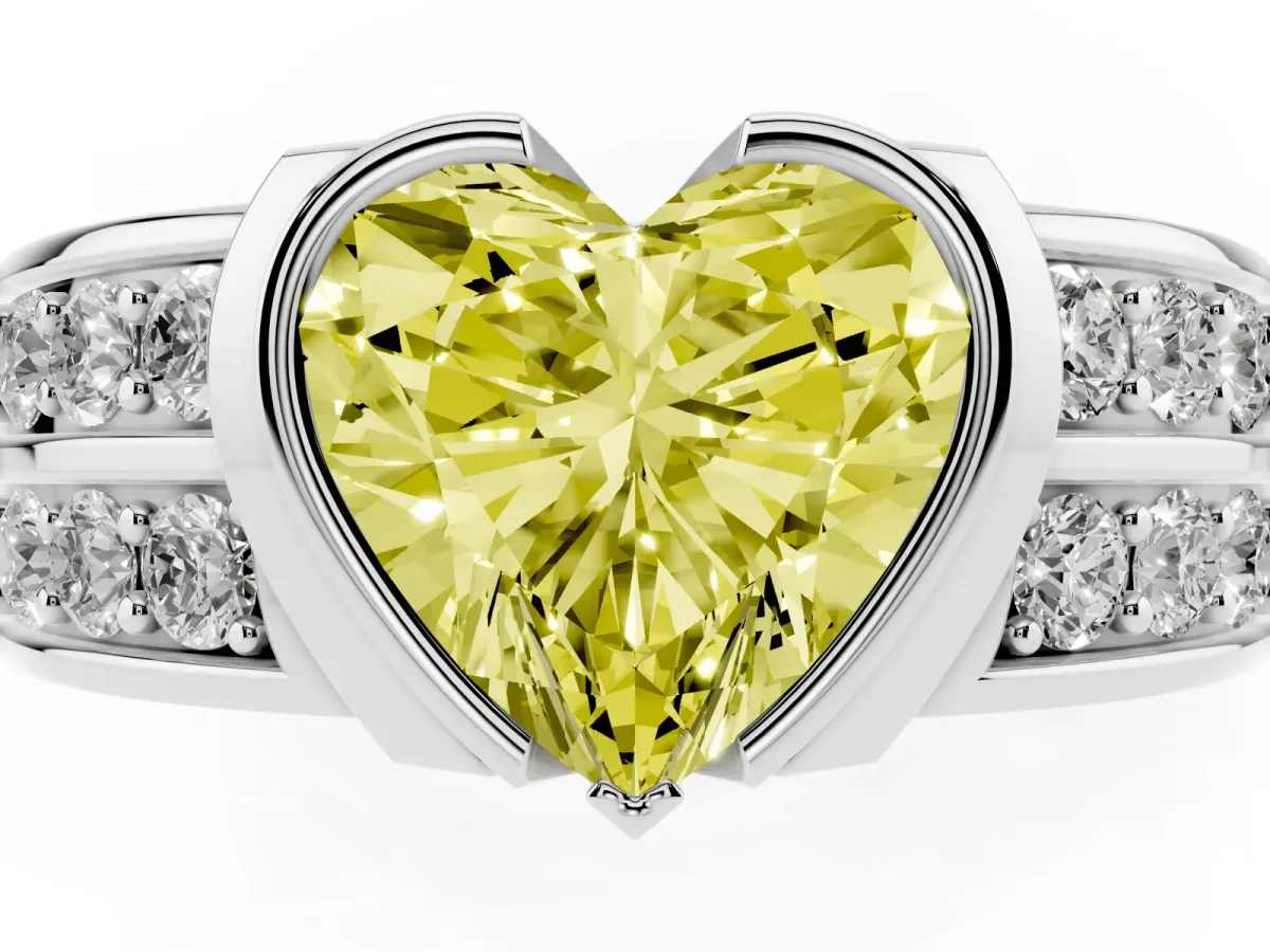 Fancy Yellow Heart Cut Brilliant Diamond Channel Set Wide Band Ring with Bezel Setting Platinum