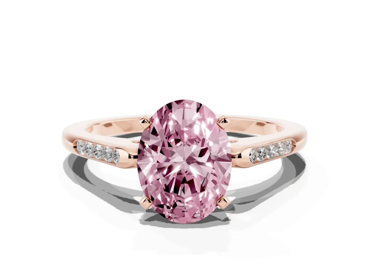 Fancy Pink Oval Cut Diamond Solitaire Ring with Channel Set Round Band and Prong Setting Rose gold