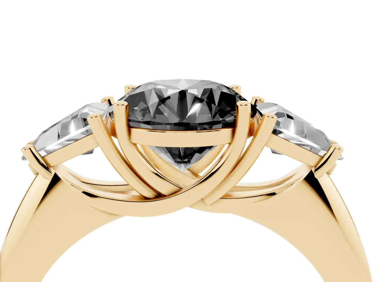 Fancy Black Three-Stone Round Cut Diamond Engagement Ring with Trillion Side Stones and Prong Setting Yellow gold