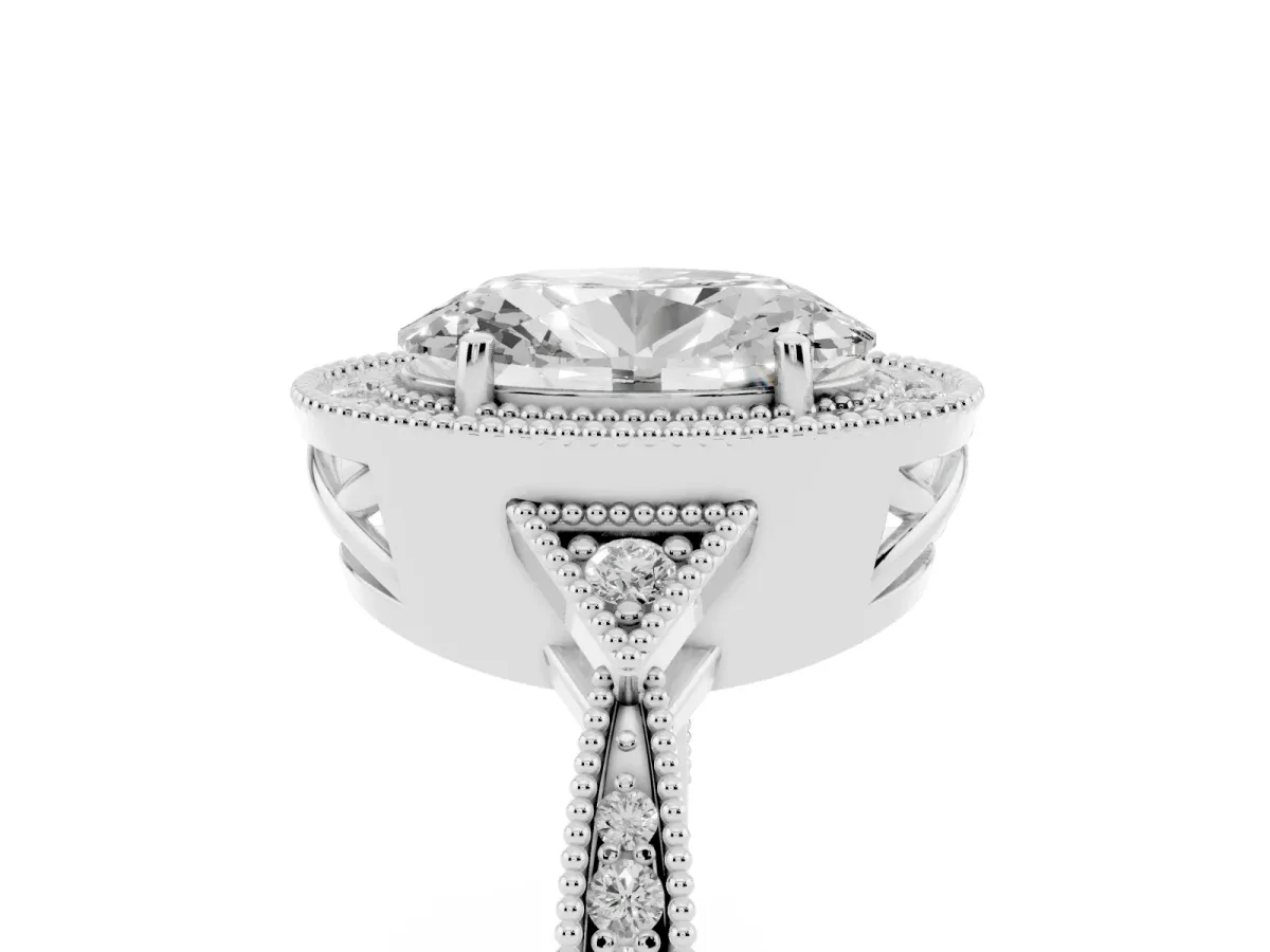 Oval Cut Halo Round Diamond Milgrain Pave Engagement Ring Silver