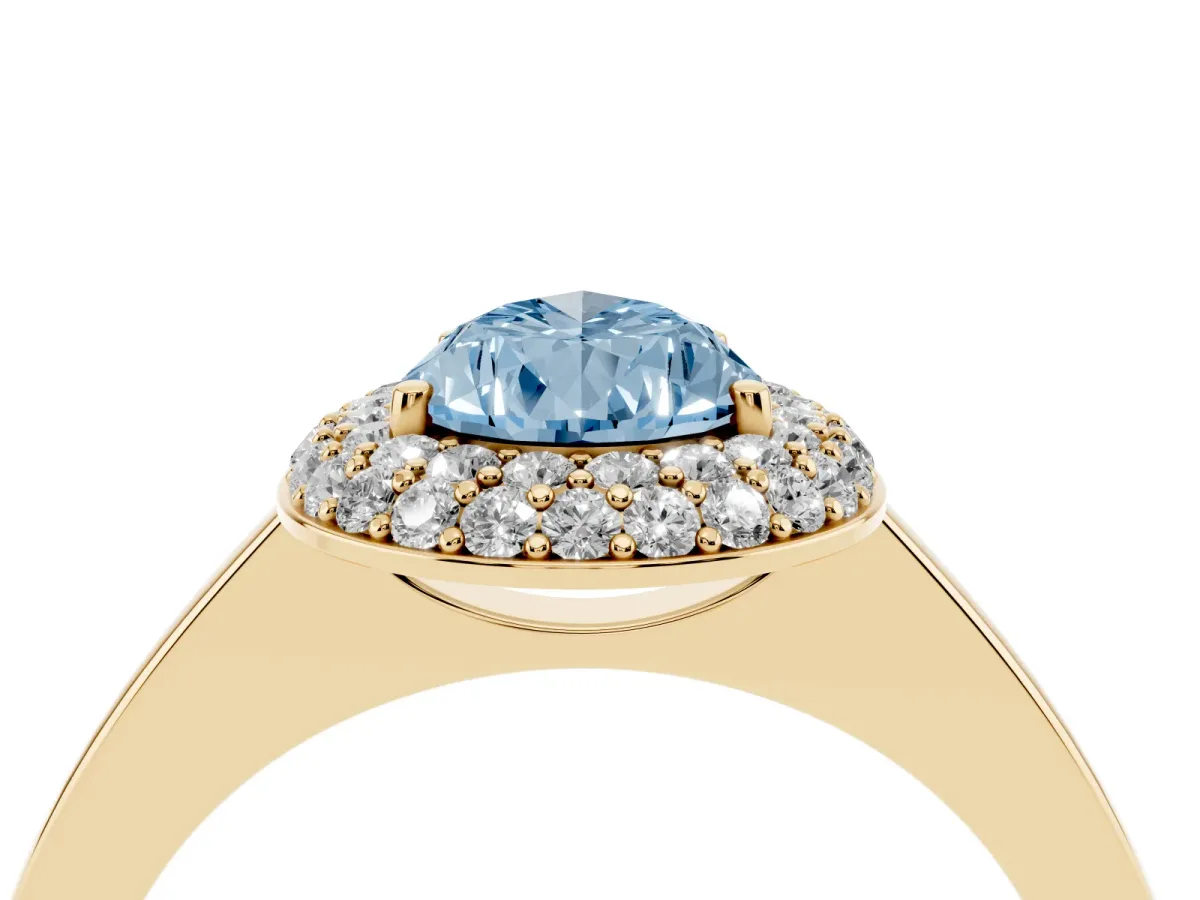 Fancy Blue Pear Cut Halo Diamond Engagement Ring with Solitaire Band and Four-Prong Setting Yellow gold