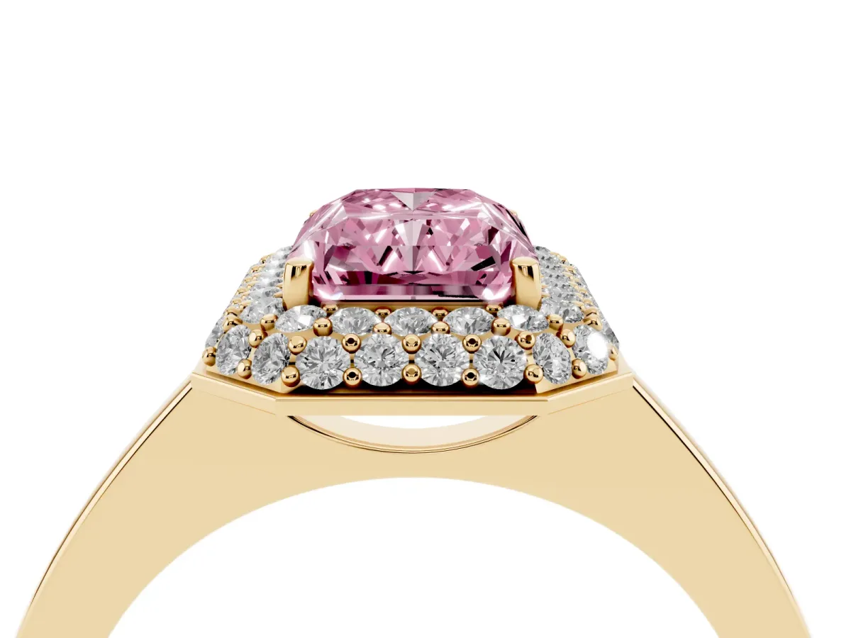 Fancy Pink Radiant Cut Halo Diamond Engagement Ring with Solitaire Band and Four-Prong Setting Yellow gold