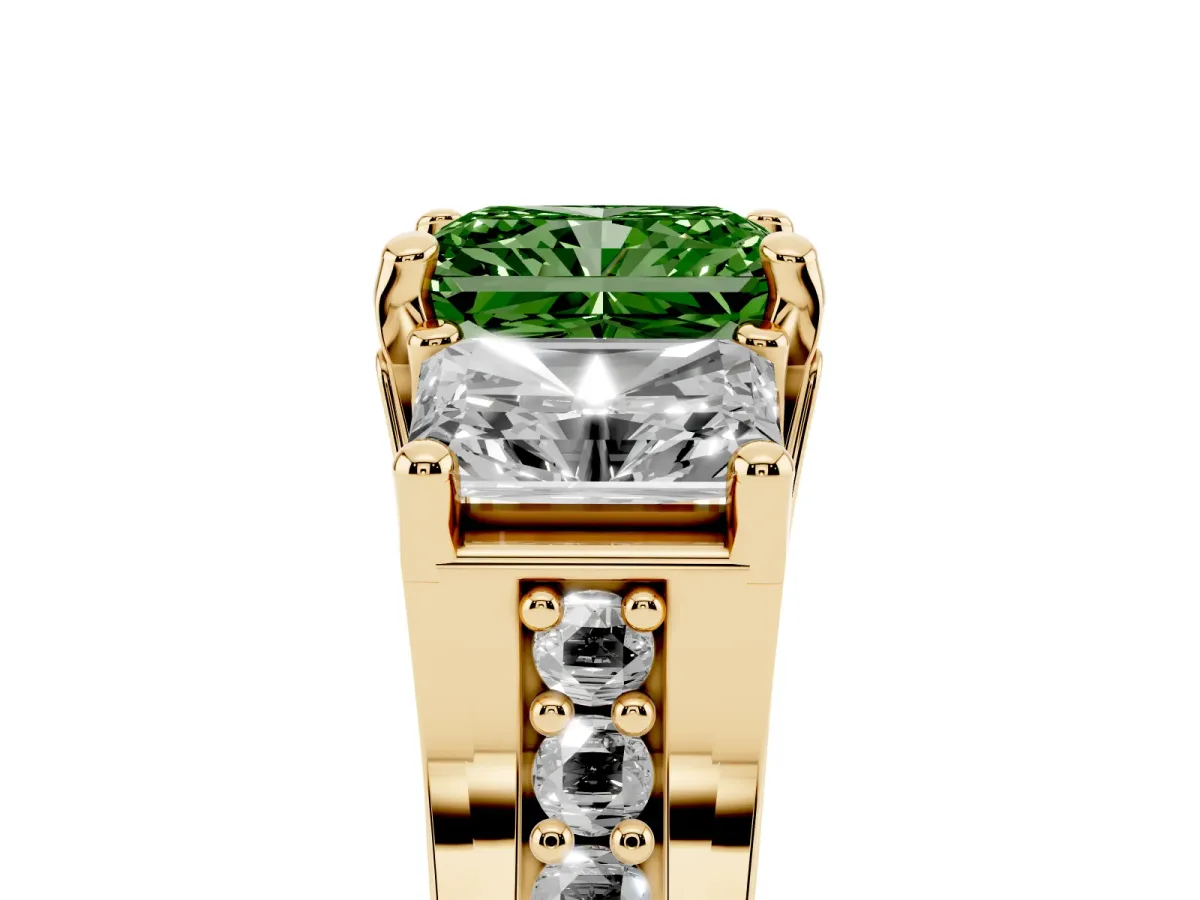 Fancy Green Radiant Cut Diamond Three-Stone Ring with Channel Set Band and Four-Prong Setting Yellow gold
